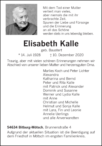 Traueranzeige von Elisabeth Kalle von trierischer_volksfreund
