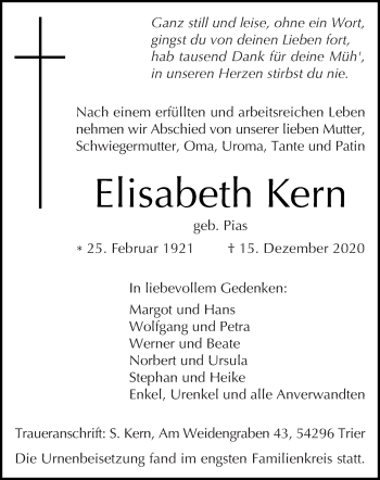 Traueranzeige von Elisabeth Kern von trierischer_volksfreund