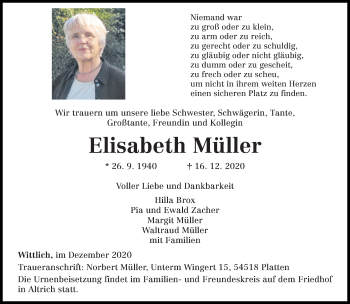 Traueranzeige von Elisabeth Müller von trierischer_volksfreund