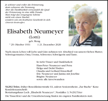 Traueranzeige von Elisabeth Neumeyer von trierischer_volksfreund