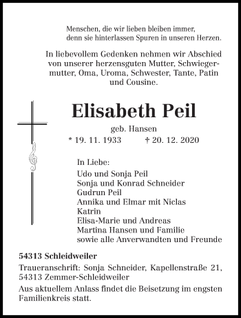 Traueranzeige von Elisabeth Peil von trierischer_volksfreund