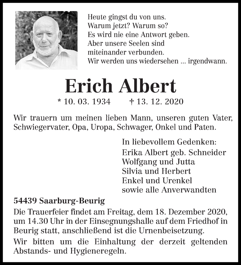 Traueranzeige für Erich Albert vom 16.12.2020 aus trierischer_volksfreund