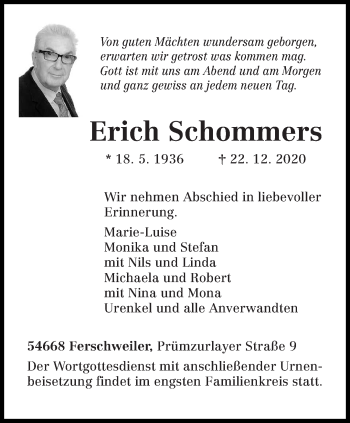 Traueranzeige von Erich Schommers von trierischer_volksfreund