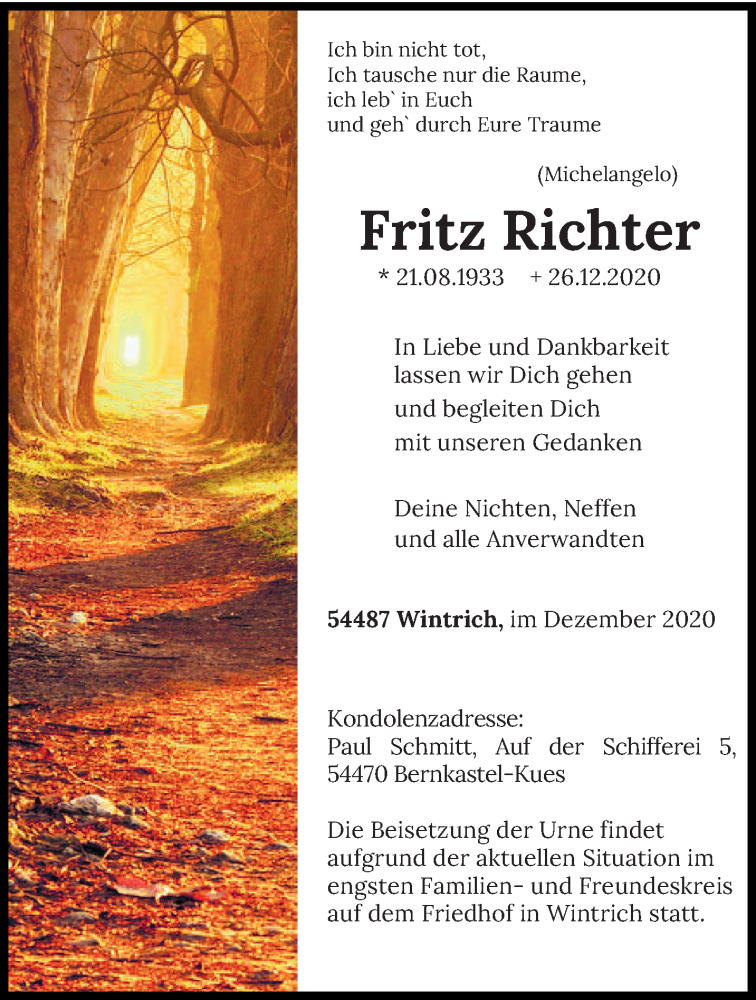  Traueranzeige für Fritz Richter vom 30.12.2020 aus trierischer_volksfreund