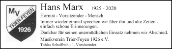 Traueranzeige von Hans Marx von trierischer_volksfreund