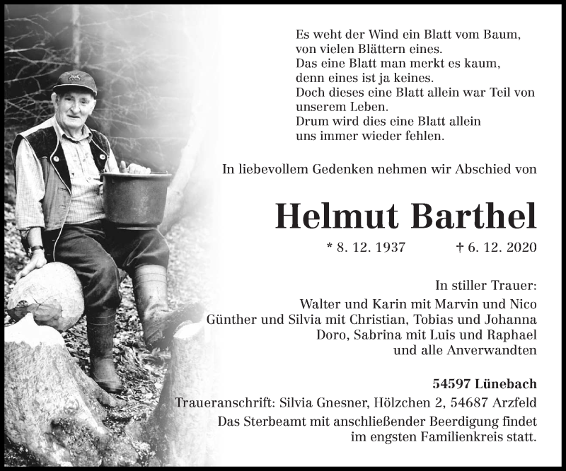 Traueranzeige für Helmut Barthel vom 09.12.2020 aus trierischer_volksfreund