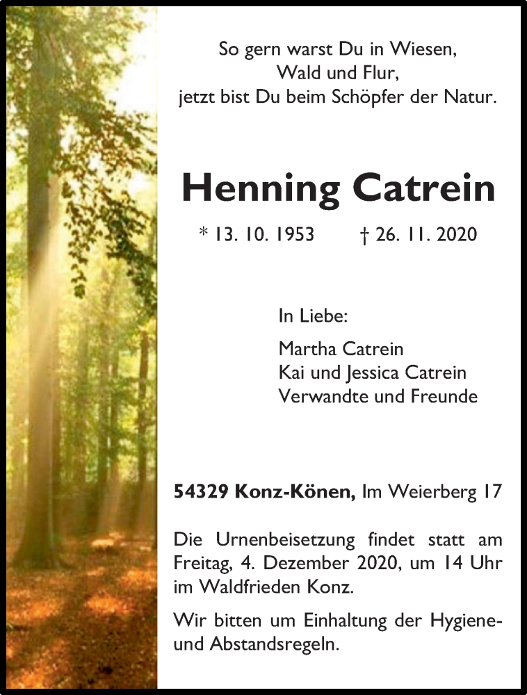  Traueranzeige für Henning Catrein vom 01.12.2020 aus trierischer_volksfreund