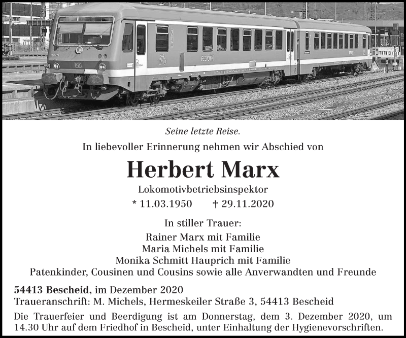  Traueranzeige für Herbert Marx vom 01.12.2020 aus trierischer_volksfreund