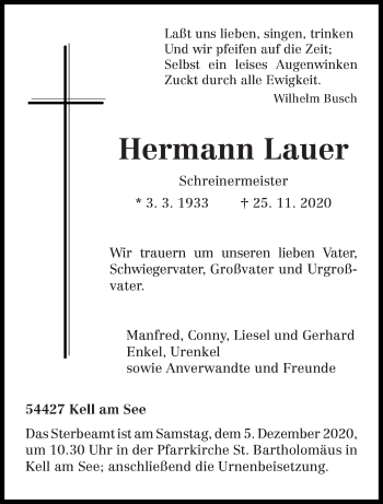 Traueranzeige von Hermann Lauer von trierischer_volksfreund