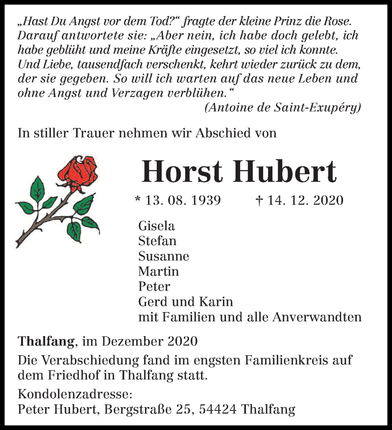  Traueranzeige für Horst Hubert vom 19.12.2020 aus trierischer_volksfreund