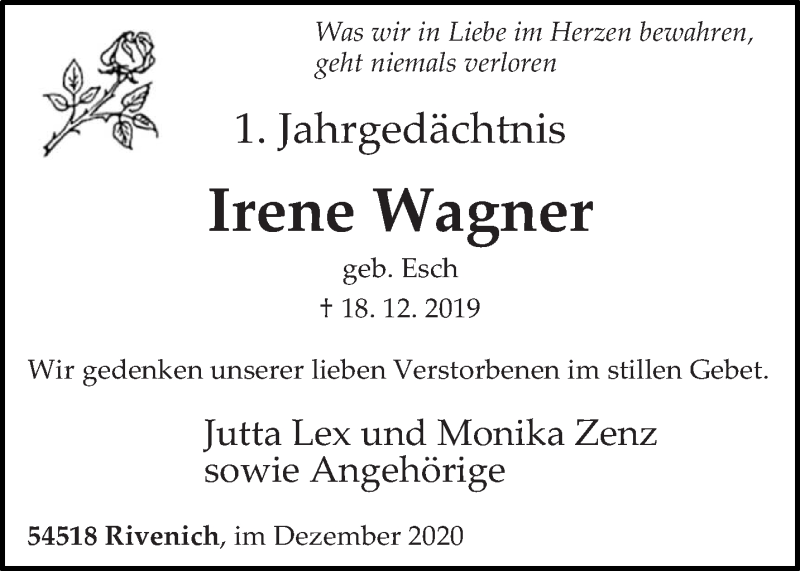 Traueranzeigen Von Irene Wagner Volksfreund Trauer De