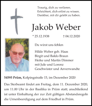 Traueranzeige von Jakob Weber von trierischer_volksfreund