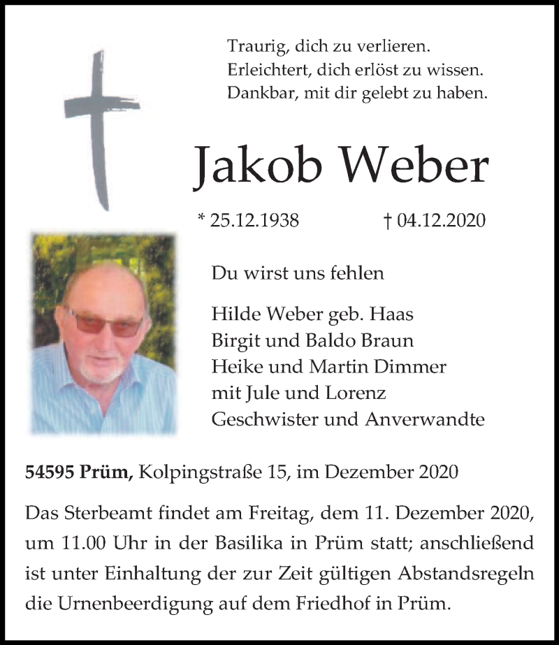  Traueranzeige für Jakob Weber vom 09.12.2020 aus trierischer_volksfreund
