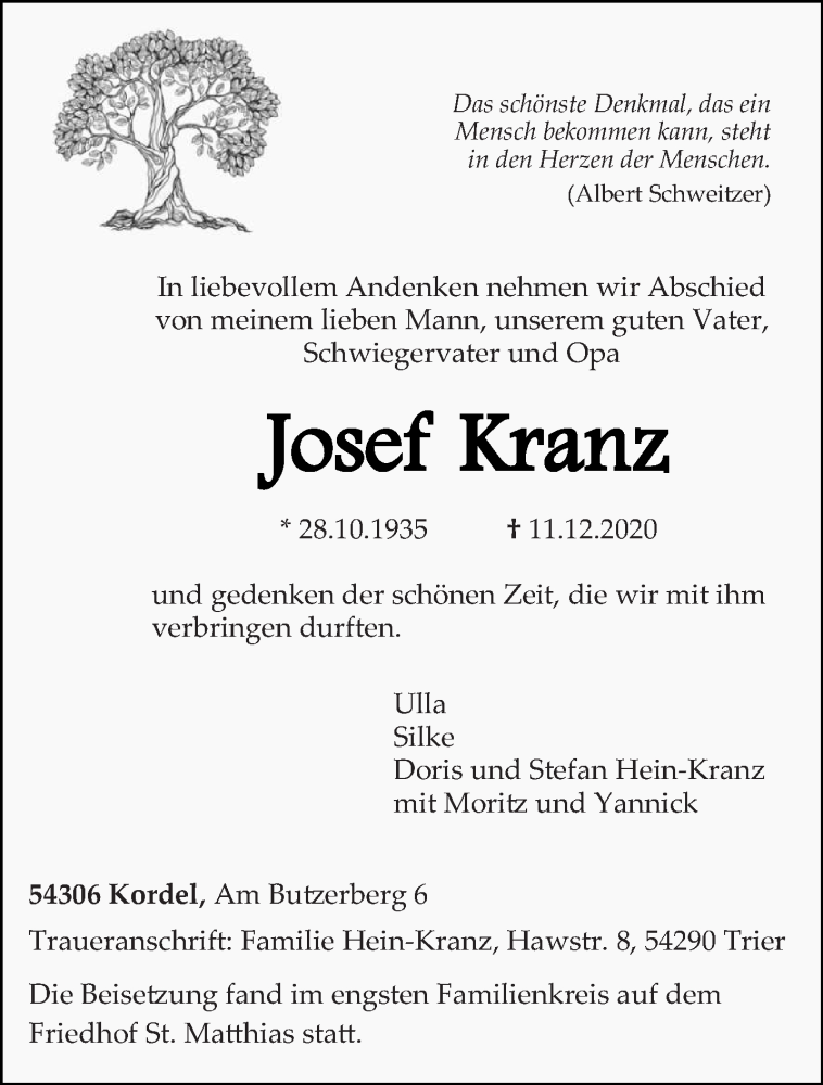  Traueranzeige für Josef Kranz vom 19.12.2020 aus trierischer_volksfreund