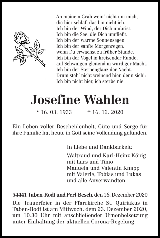  Traueranzeige für Josefine Wahlen vom 19.12.2020 aus trierischer_volksfreund