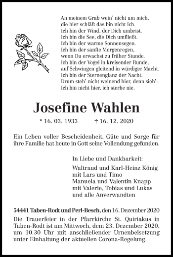 Traueranzeige von Josefine Wahlen von trierischer_volksfreund