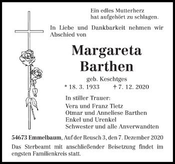 Traueranzeige von Margareta Barthen von trierischer_volksfreund