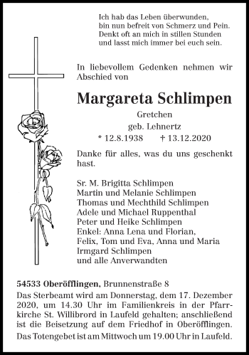Traueranzeige von Margareta Schlimpen von trierischer_volksfreund