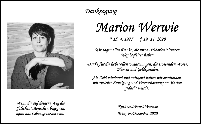  Traueranzeige für Marion Werwie vom 23.12.2020 aus trierischer_volksfreund
