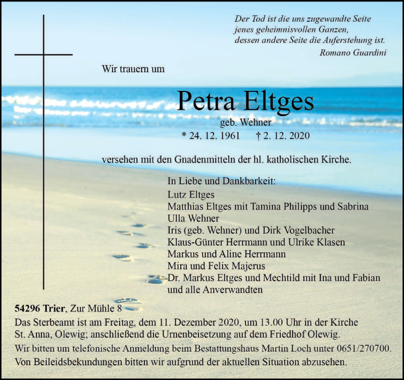  Traueranzeige für Petra Eltges vom 05.12.2020 aus trierischer_volksfreund