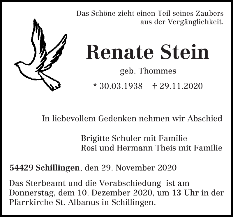  Traueranzeige für Renate Stein vom 05.12.2020 aus trierischer_volksfreund
