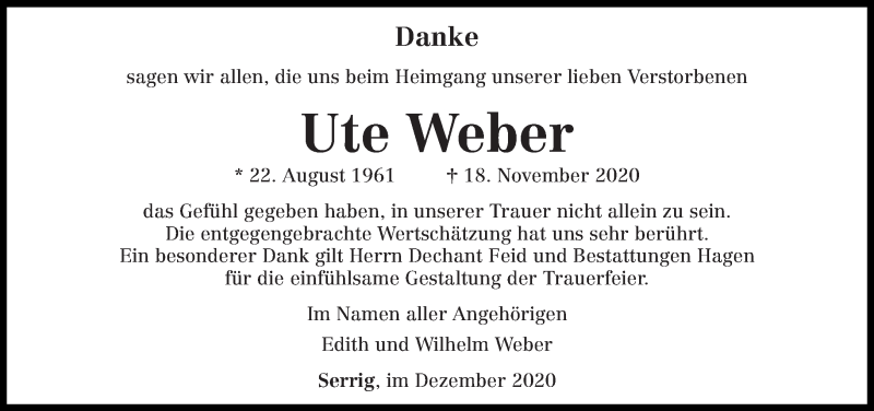  Traueranzeige für Ute Weber vom 16.12.2020 aus trierischer_volksfreund