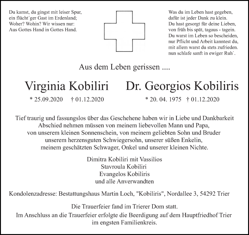  Traueranzeige für Virginia und Georgios Kobiliris vom 19.12.2020 aus trierischer_volksfreund
