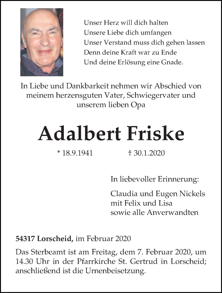  Traueranzeige für Adalbert Friske vom 01.02.2020 aus trierischer_volksfreund