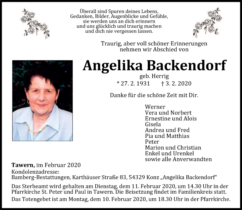  Traueranzeige für Angelika Backendorf vom 07.02.2020 aus trierischer_volksfreund