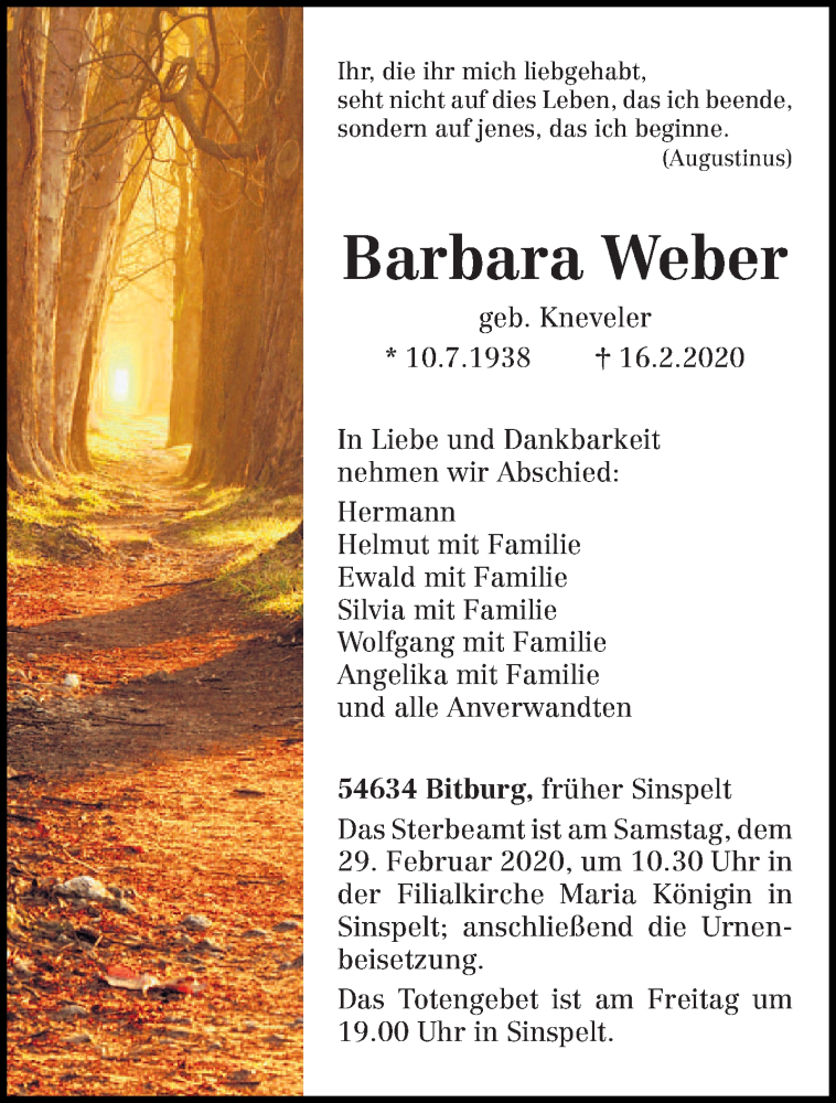 Traueranzeige für Barbara Weber vom 26.02.2020 aus trierischer_volksfreund
