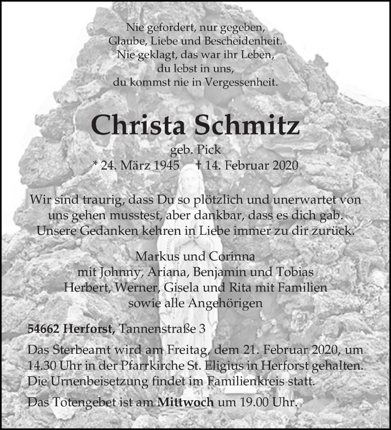  Traueranzeige für Christa Schmitz vom 18.02.2020 aus trierischer_volksfreund