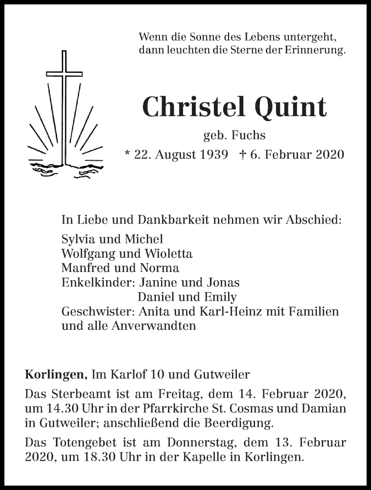  Traueranzeige für Christel Quint vom 11.02.2020 aus trierischer_volksfreund