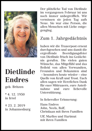 Traueranzeige von Dietlinde Endres von trierischer_volksfreund