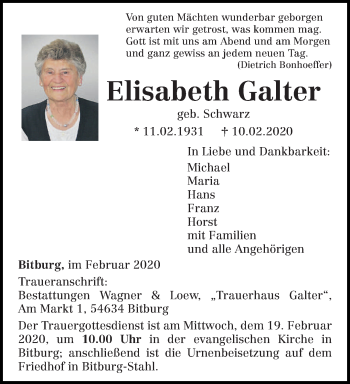 Traueranzeige von Elisabeth Galter von trierischer_volksfreund