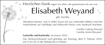Traueranzeige von Elisabeth Weyand von trierischer_volksfreund