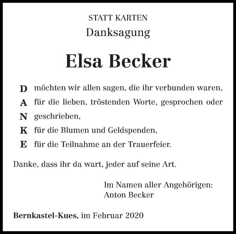 Traueranzeigen Von Elsa Becker Volksfreundtrauerde