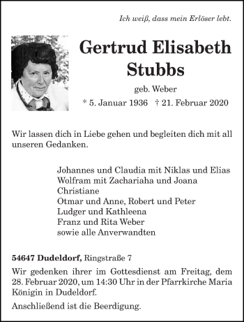Traueranzeige von Gertrud Elisabeth Stubbs von trierischer_volksfreund