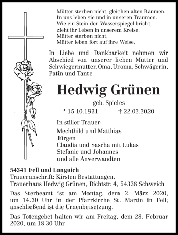 Traueranzeige von Hedwig Grünen von trierischer_volksfreund