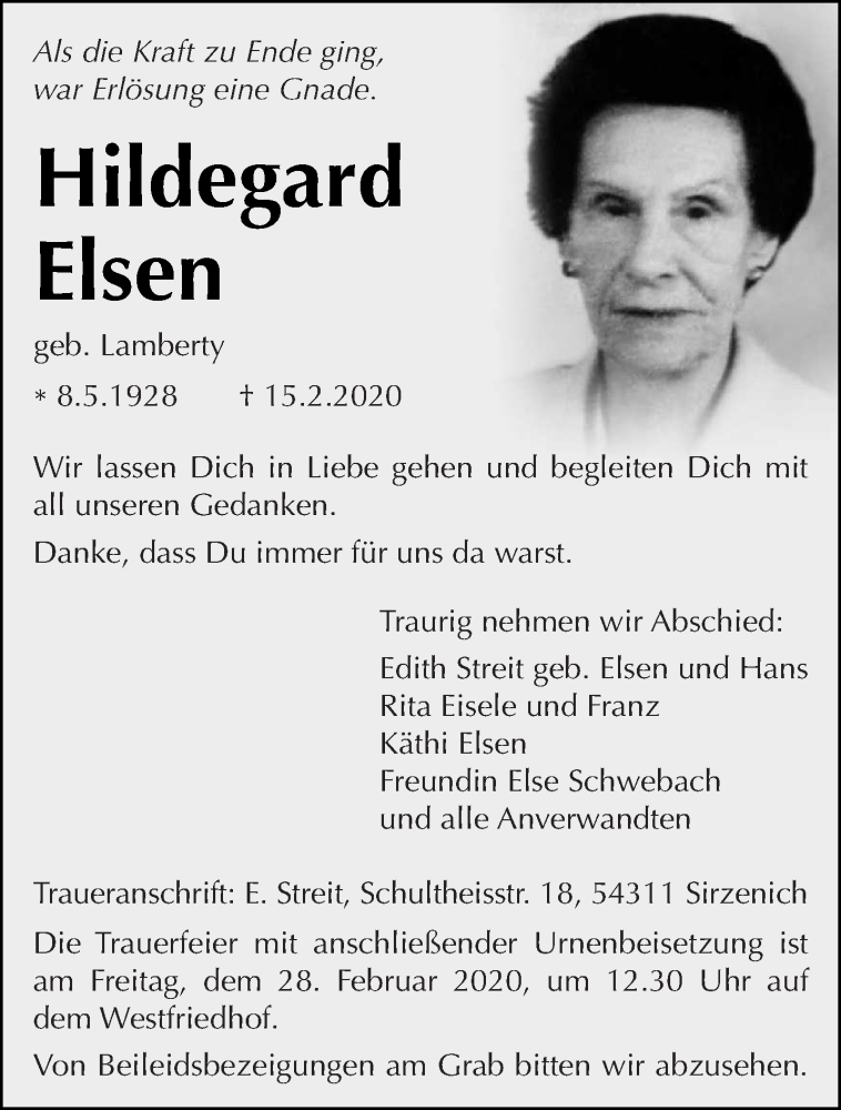  Traueranzeige für Hildegard Elsen vom 22.02.2020 aus trierischer_volksfreund