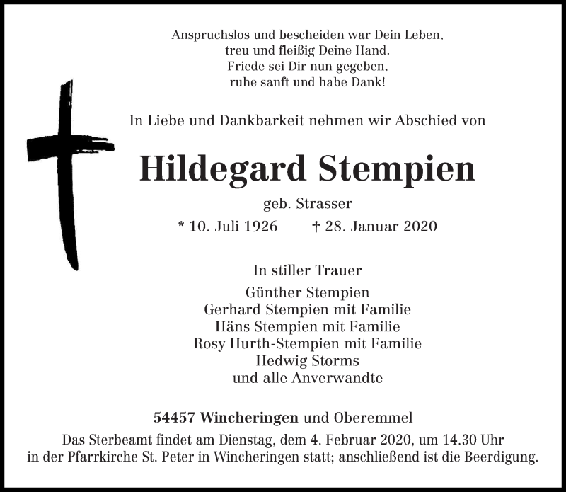  Traueranzeige für Hildegard Stempien vom 01.02.2020 aus trierischer_volksfreund