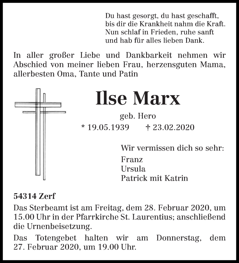  Traueranzeige für Ilse Marx vom 26.02.2020 aus trierischer_volksfreund