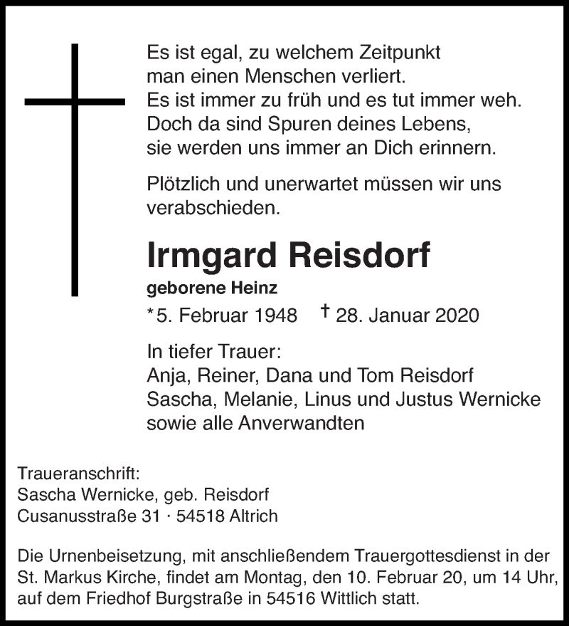  Traueranzeige für Irmgard Reisdorf vom 01.02.2020 aus trierischer_volksfreund