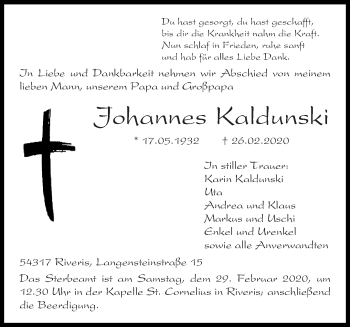 Traueranzeige von Johannes Kaldunski von trierischer_volksfreund