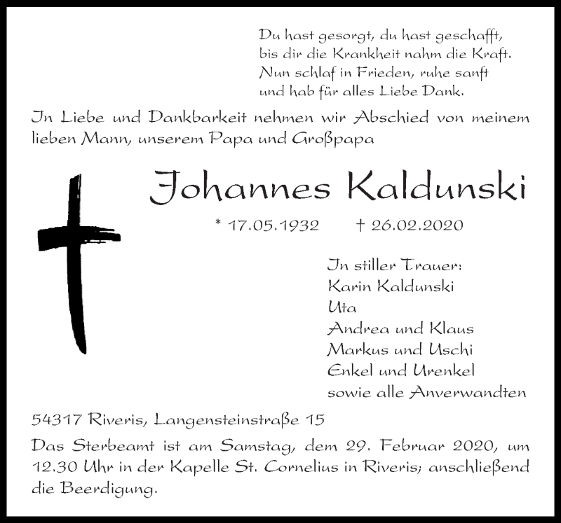  Traueranzeige für Johannes Kaldunski vom 28.02.2020 aus trierischer_volksfreund
