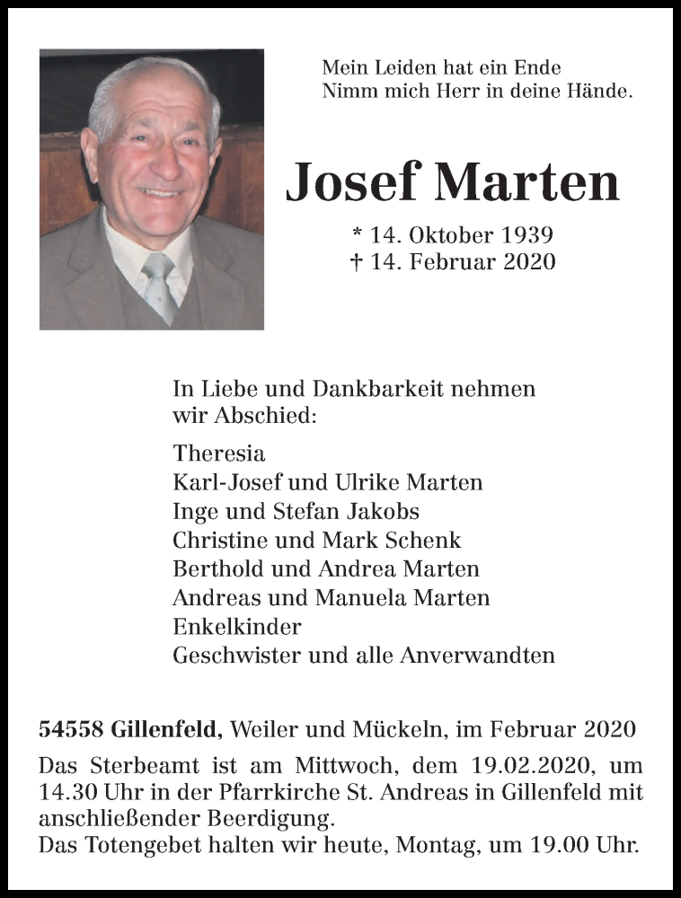  Traueranzeige für Josef Marten vom 17.02.2020 aus trierischer_volksfreund