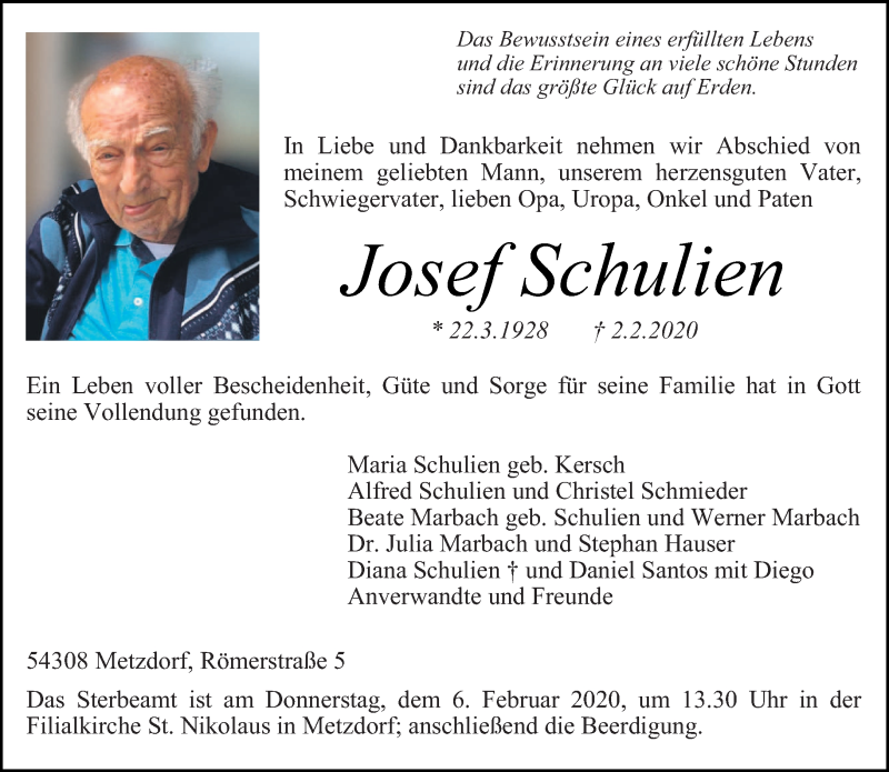  Traueranzeige für Josef Schulien vom 04.02.2020 aus trierischer_volksfreund