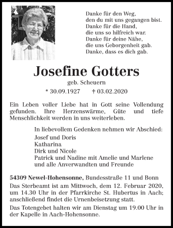 Traueranzeige von Josefine Gotters von trierischer_volksfreund
