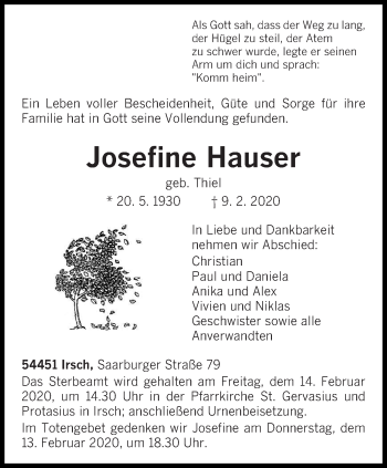 Traueranzeige von Josefine Hauser von trierischer_volksfreund