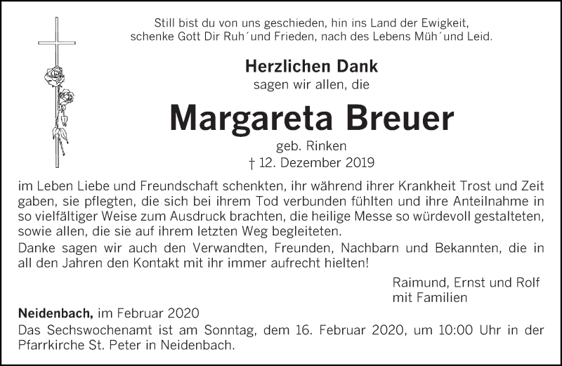  Traueranzeige für Margareta Breuer vom 08.02.2020 aus trierischer_volksfreund