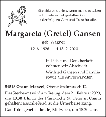 Traueranzeige von Margareta  Gansen von trierischer_volksfreund